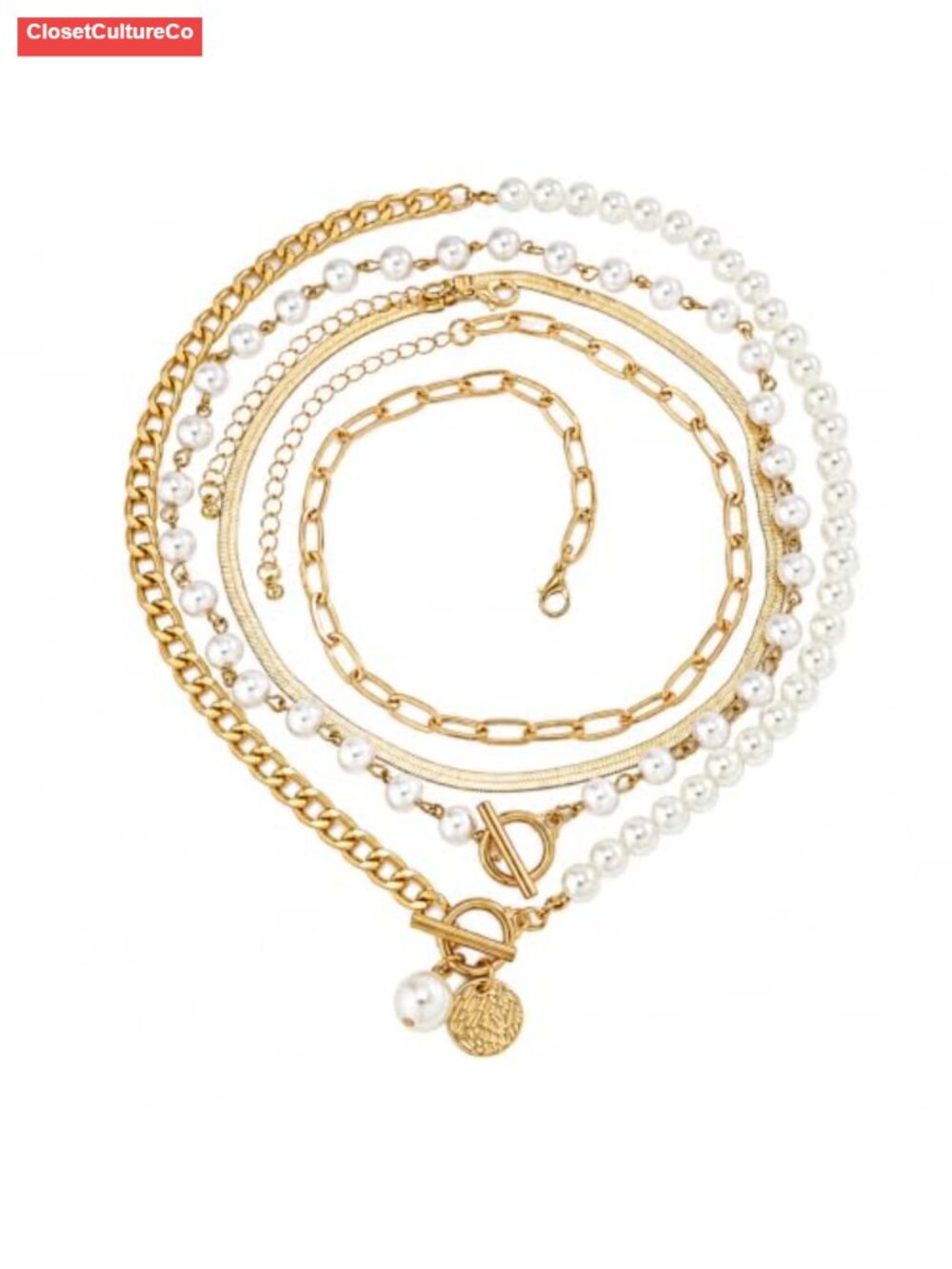 4 Piece Layered Necklace Set Gold Pearl Mixed Chain Women